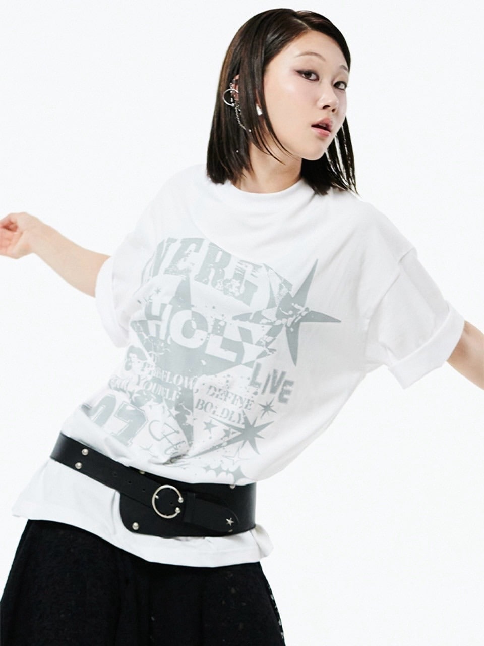 【HOLY NUMBER 7】OVERSIZED HIP HOP FIT STAR GRAPHIC T-SHIRT