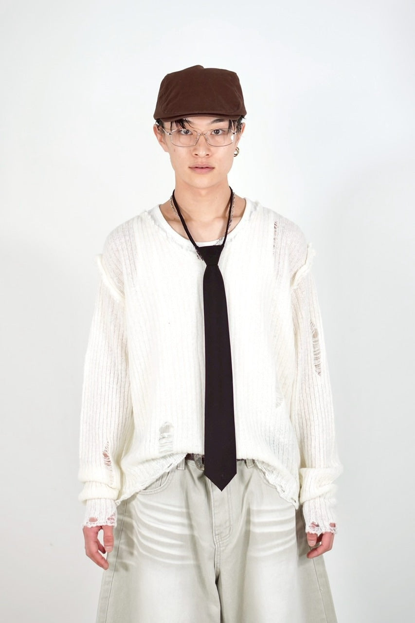 【Chikashitsu +】damage reverse v neck knit (3color) / 【チカシツプラス】リバースVネックダメージニット