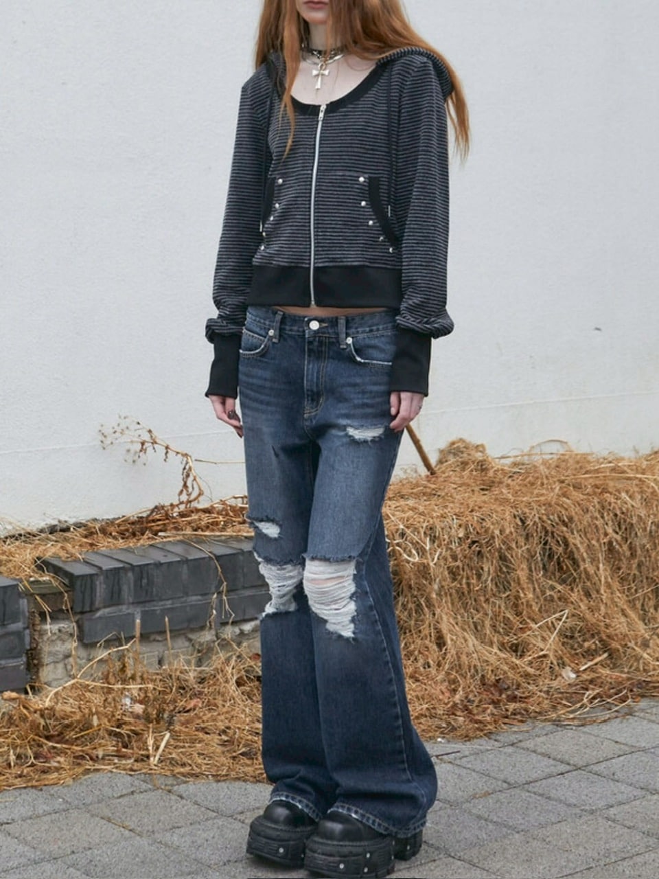 【NOT KNOWING】U Neck Stripe Hood Zip Up