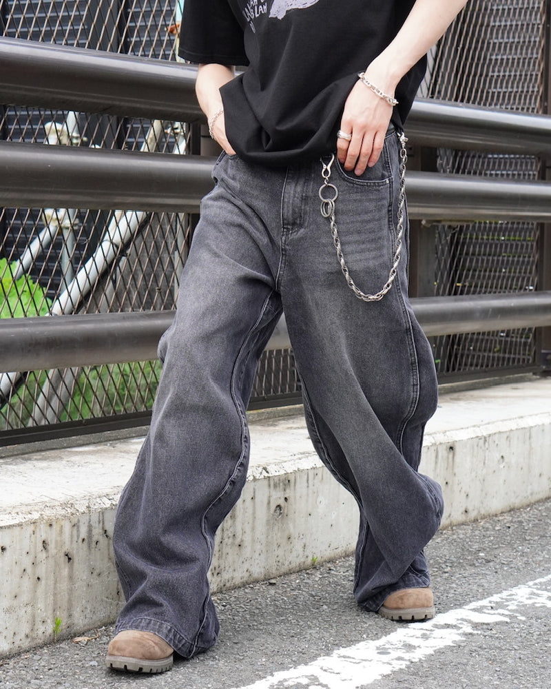【Chikashitsu +】side wave design denim pants (BLACK)
