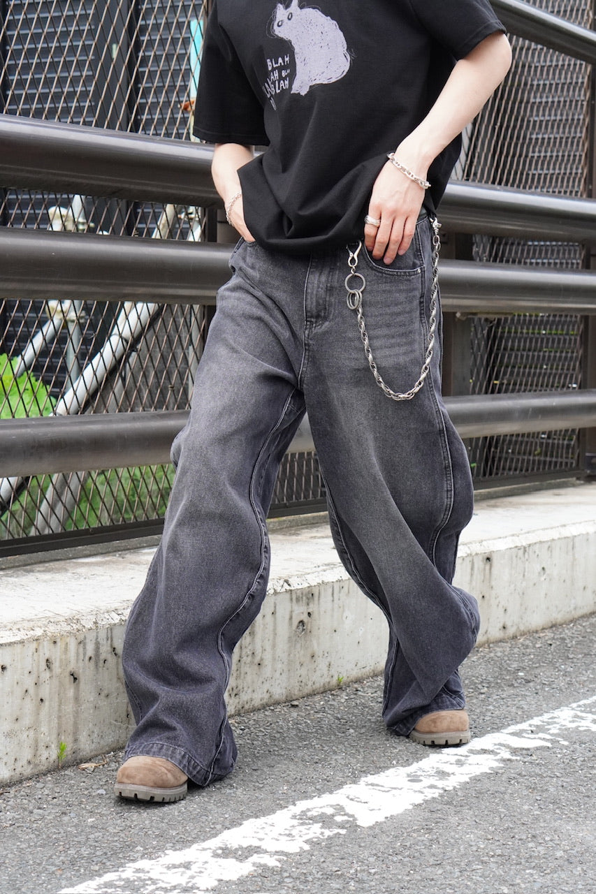 【Chikashitsu +】side wave design denim pants (BLACK)