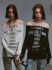 【Cest Nous】Doodle-printed batwing sleeve top / 【セヌー】オフショルダープリント長袖トップス