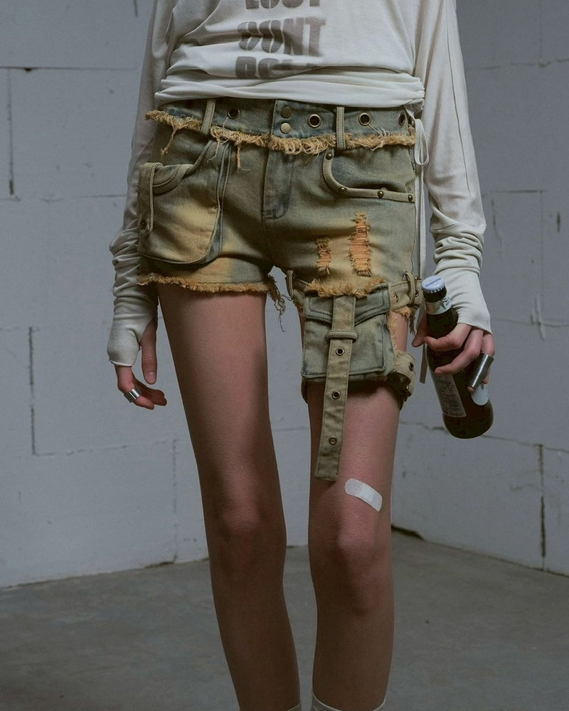 【Cest Nous】Blue-green faded denim shorts / 【セヌー】ウォッシングデニムショートパンツ
