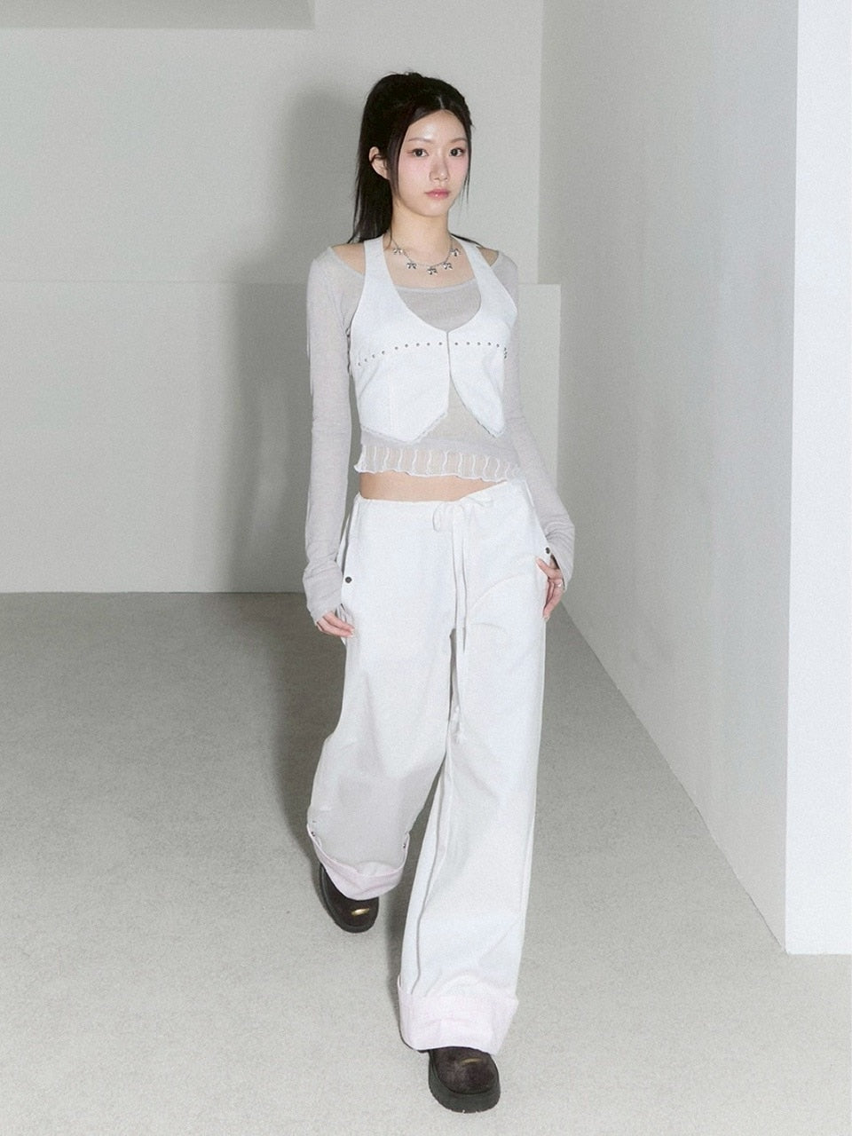 【CHERRYQUIRI】lace layered roll up denim / 【チェリーキュリー】レースレイヤードロールアップデニムパンツ