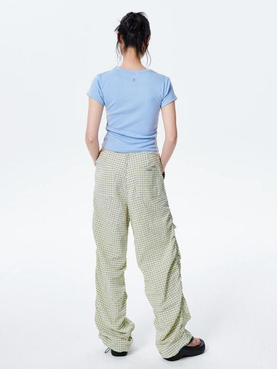 【runningHIGH】CHECK SHIRRING PARACHUTE PANTS