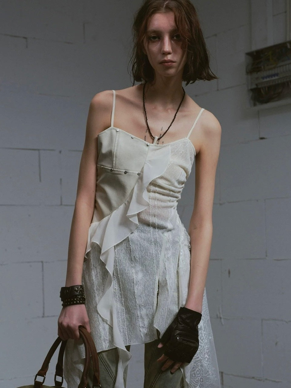 【Cest Nous】Leather lace camisole dress / 【セヌー】レザーレースシアーキャミワンピース