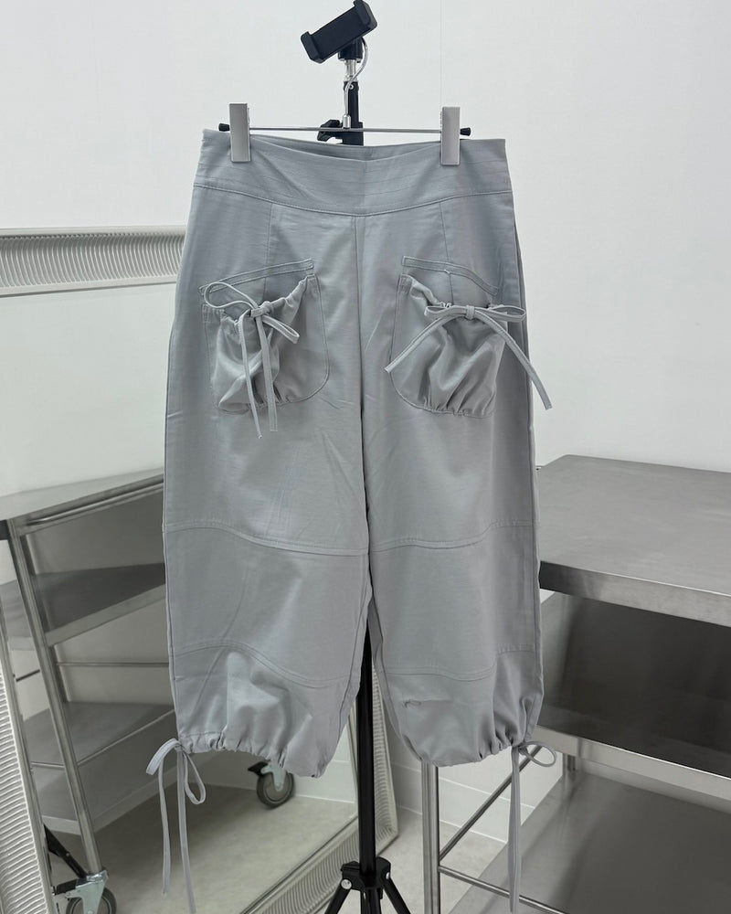国際配送【Nerd out XU】ribbon string shorts (2color) / 【ナードアウトエックスユー】リボンストリングワイドハーフパンツ