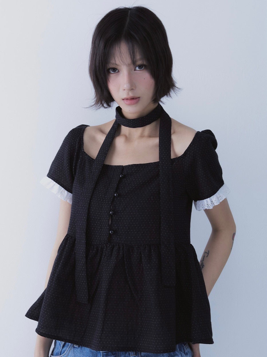 【SETSETSET】DOT MUFFLER FLARED BLOUSE