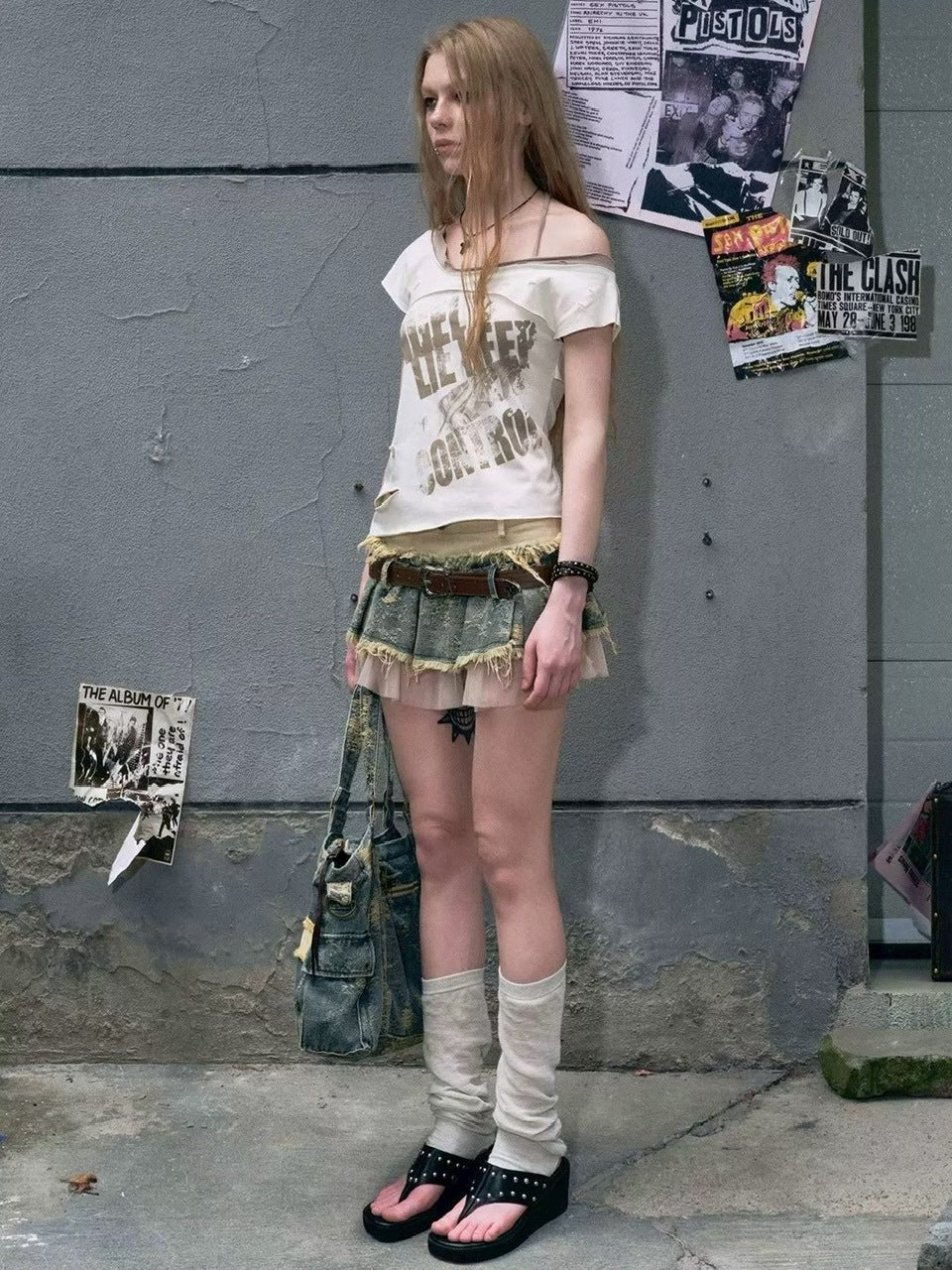 【Cest Nous】Belted Denim Pleated Skirt