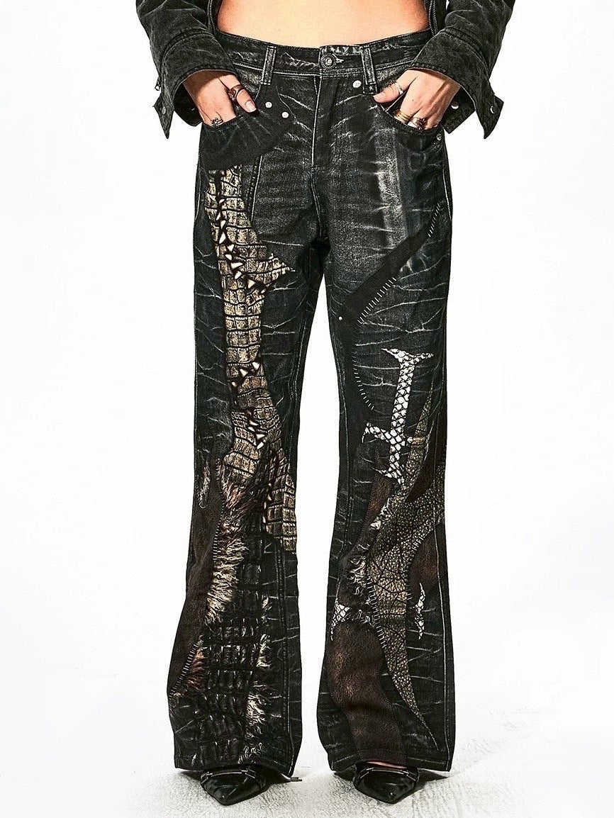 【DND4DES】LEATHER CROSS SPLICING PRINTED JEANS