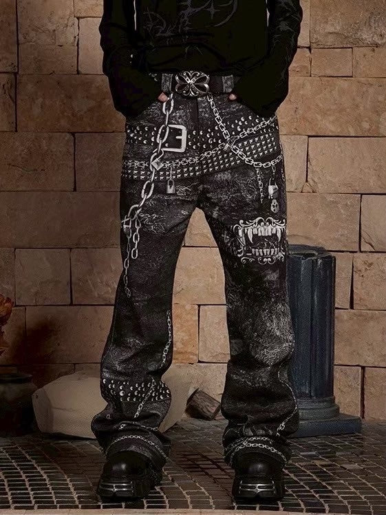 【DND4DES】MULTI BELTS CHAIN PRINTED JEANS