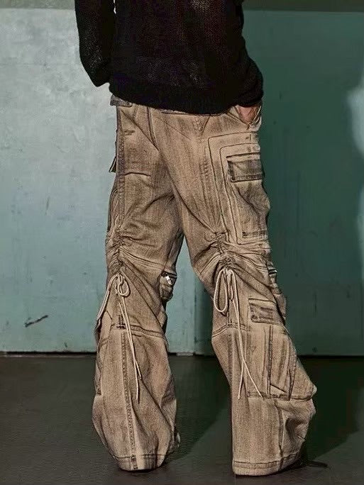 【DND4DES】DISTRESSED DRAWSTRING ADJUSTABLE ZIPPER CARGO PANTS