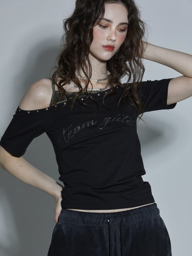 【GATELESS】LAYERED CAMI OFF-SHOULDER T-SHIRT / 【ゲートレス】レイヤードキャミソールオフショルダーTシャツ