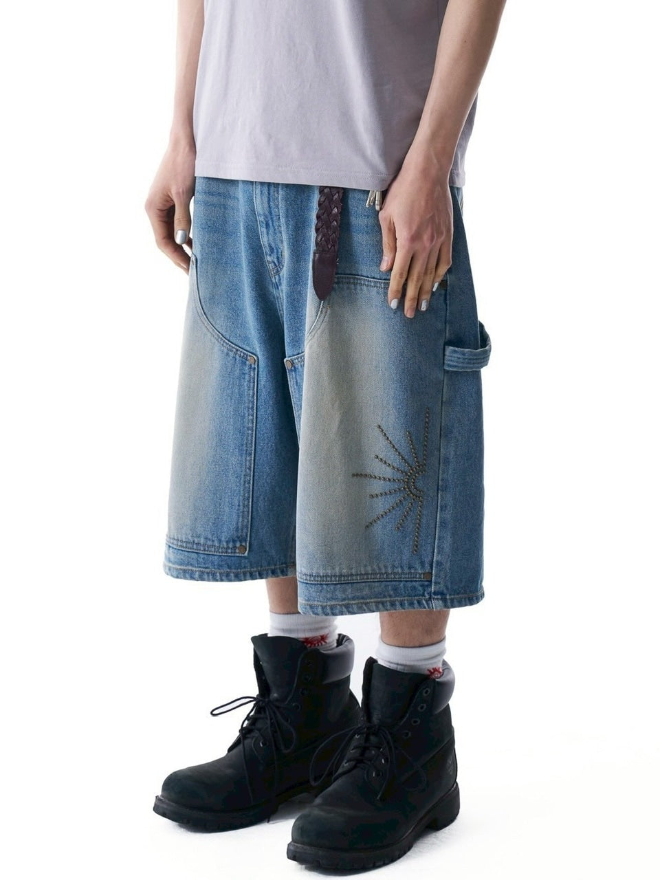 【AAKAM】Washed Double Knee Bermuda Denim Pants