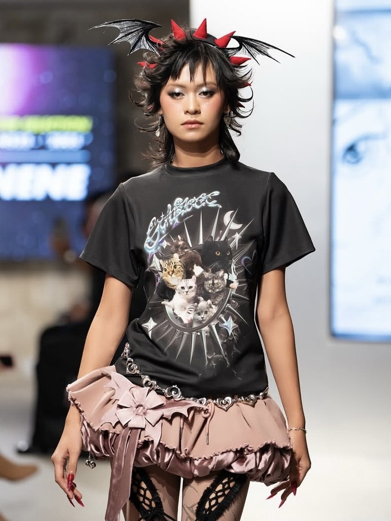 【La Lune】POLO TOP / 【ラリュンヌ】キャットグラフィックデザイン半袖Tシャツ