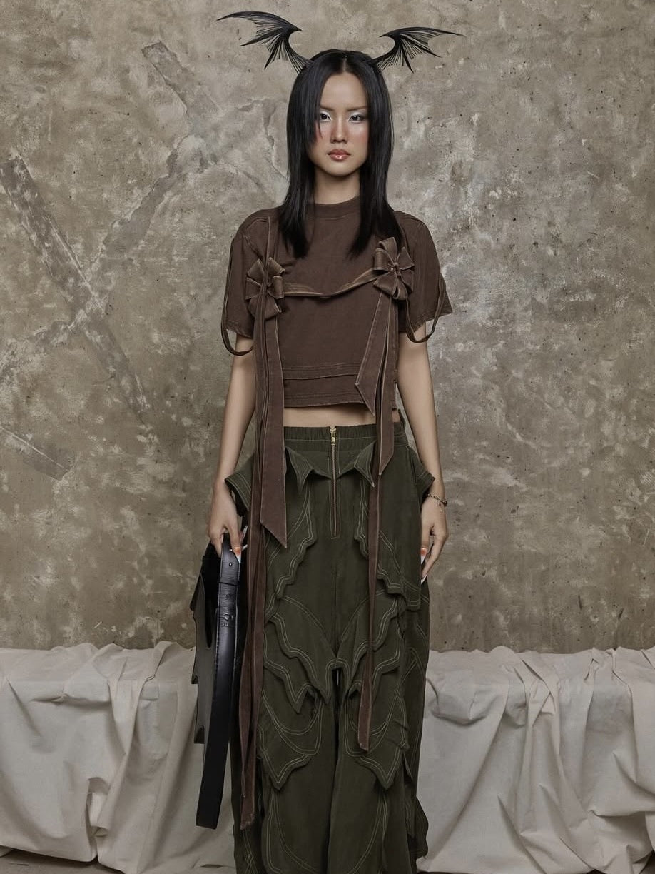 【La Lune】EARTHY TOP / 【ラリュンヌ】ビンテージフェイクレイヤードリボン半袖Tシャツ