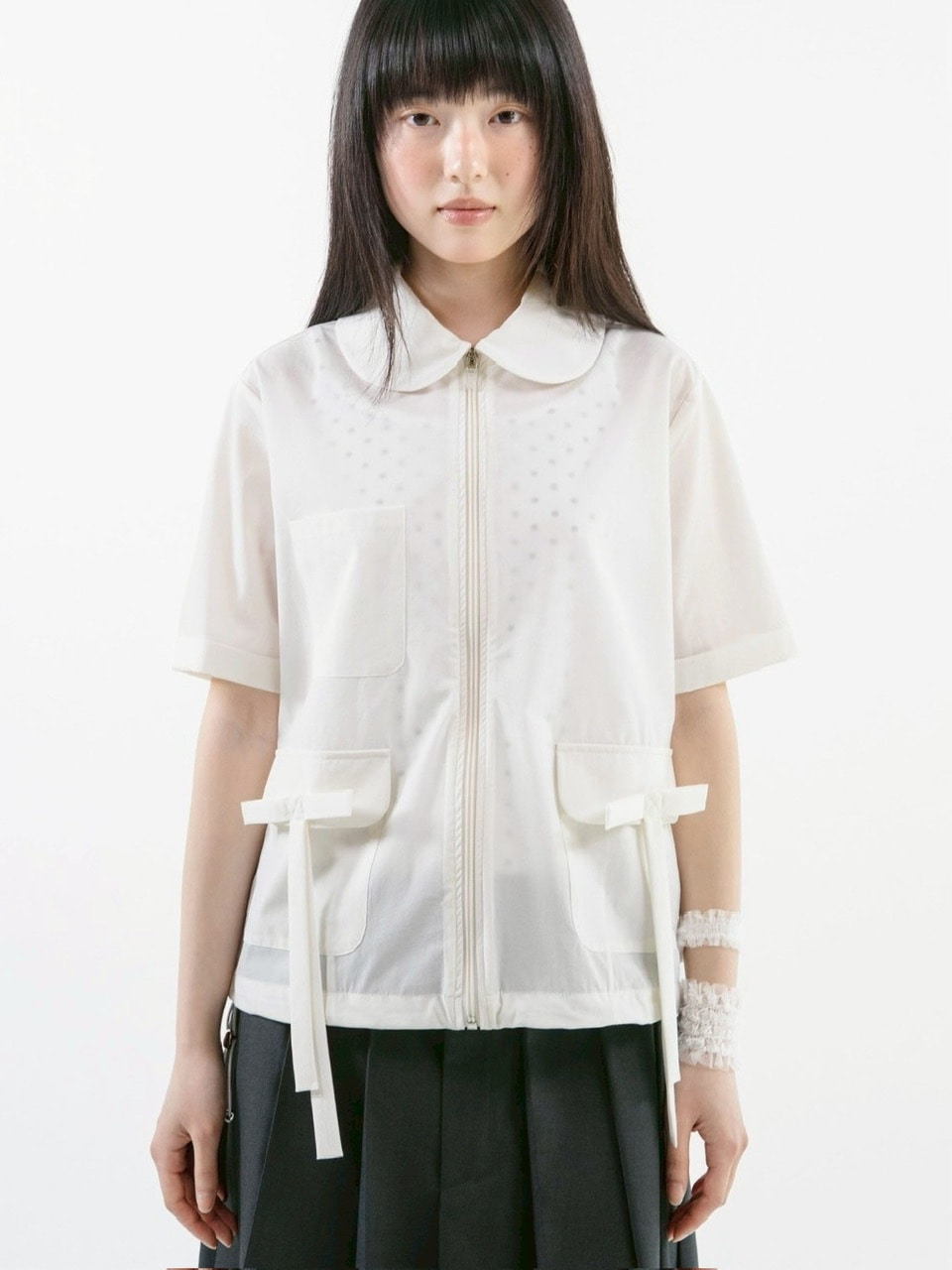 【TUOMIO】ROUND COLLAR NYLON ZIP-UP / 【トゥオミオ】ラウンドカラーナイロン半袖シャツジャケット