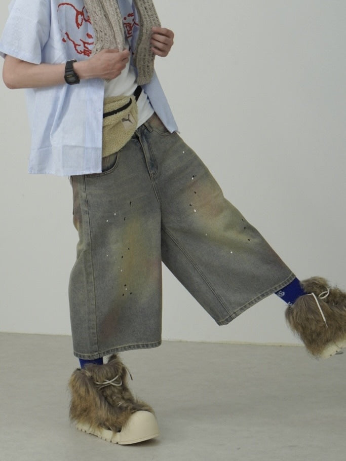 国際配送【Nerd out XU】pink washed seven quarte denim pants / 【ナードアウトエックスユー】ピンクウォッシュドワイドハーフパンツ