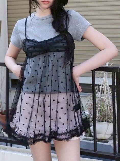 【Uglyshadow】MESH STAR SHIRRING SLEEVELESS / 【アグリーシャドウ】メッシュスターシャーリングシアーキャミソール