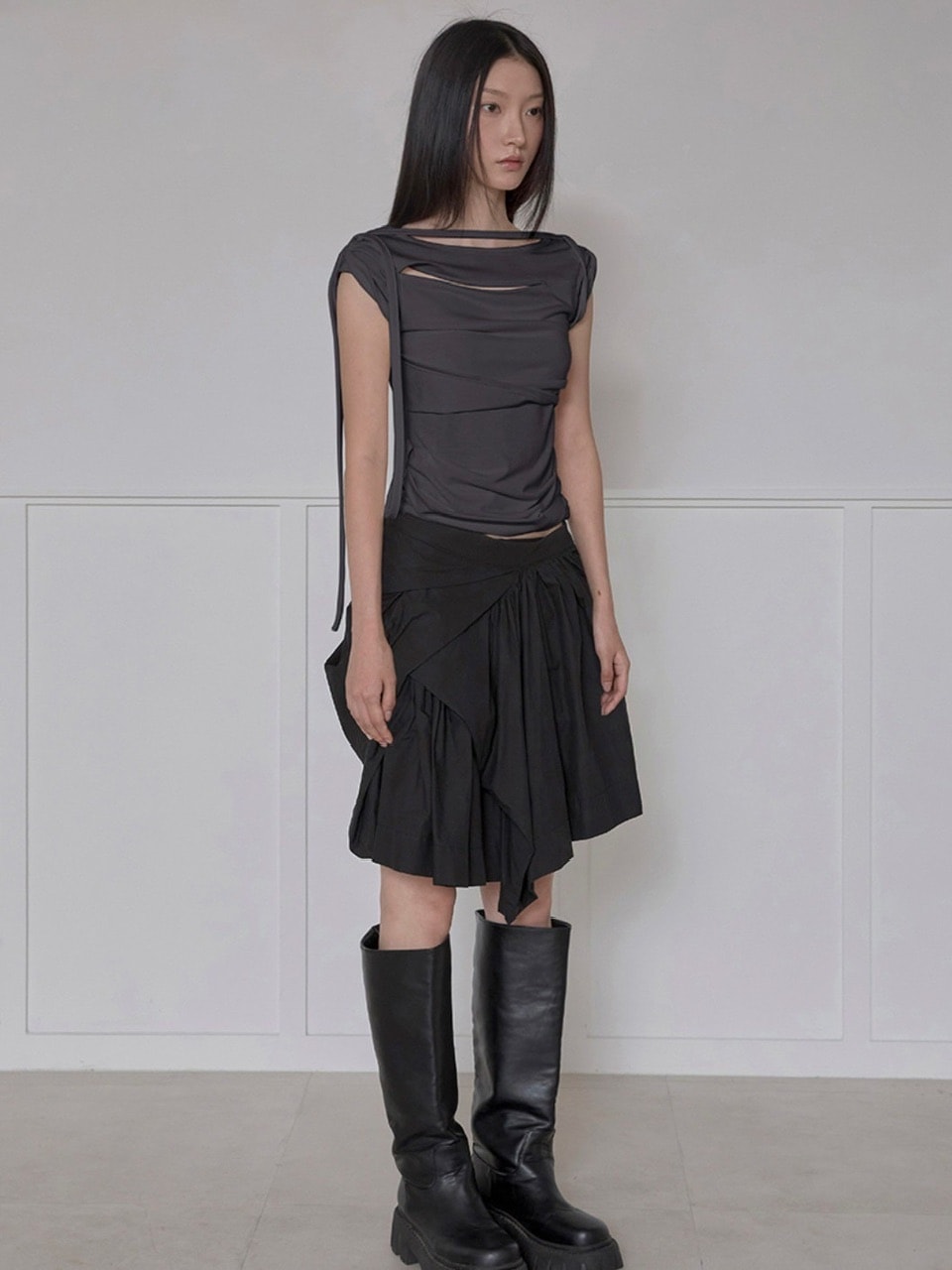 【FLAREUP】Asymmetrical Draped Strap Roll-Up T-Shirt