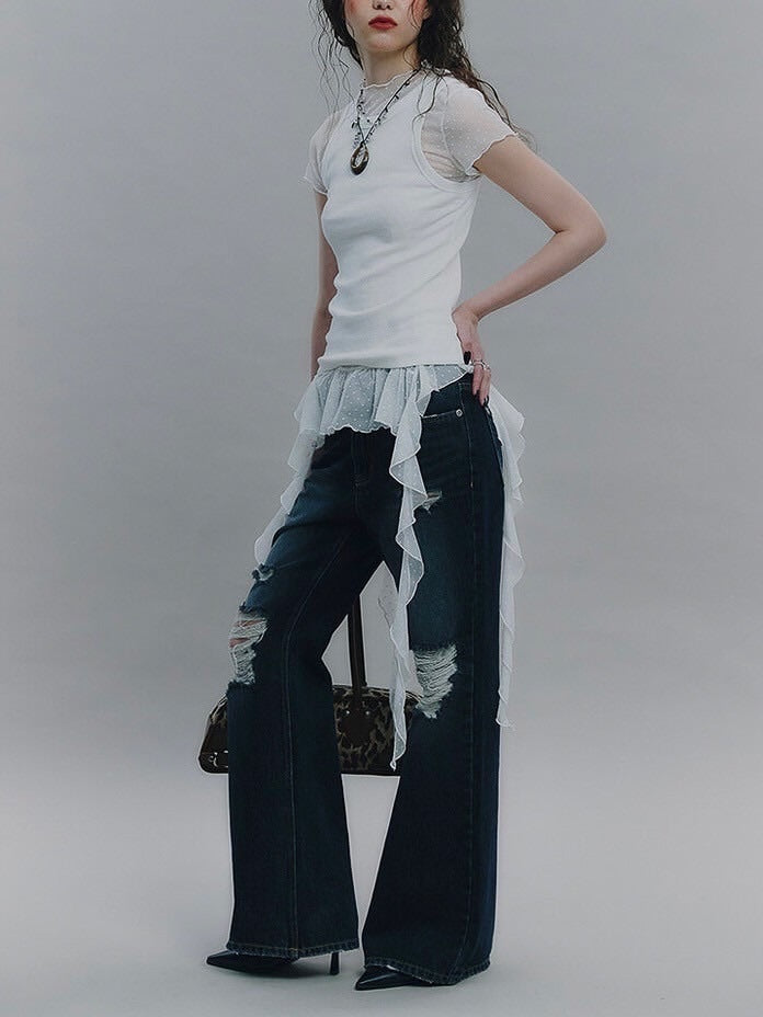 【NOT KNOWING】Dot Mesh Ruffle Top / 【ノットノーイング】ドットメッシュラッフル半袖Tシャツ