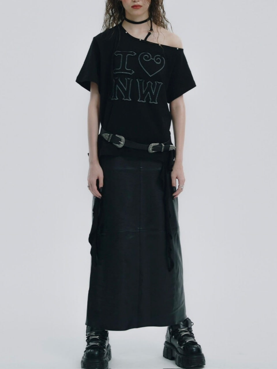 【NOT KNOWING】One Shoulder I LOVE Ruffle Top / 【ノットノーイング】ワンショルダーアイラブラッフル半袖Tシャツ