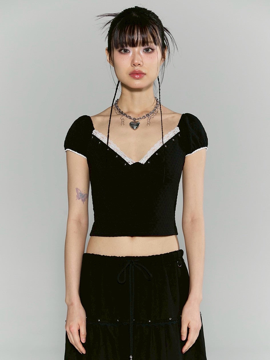 【CHERRYQUIRI】floral lace puff tee