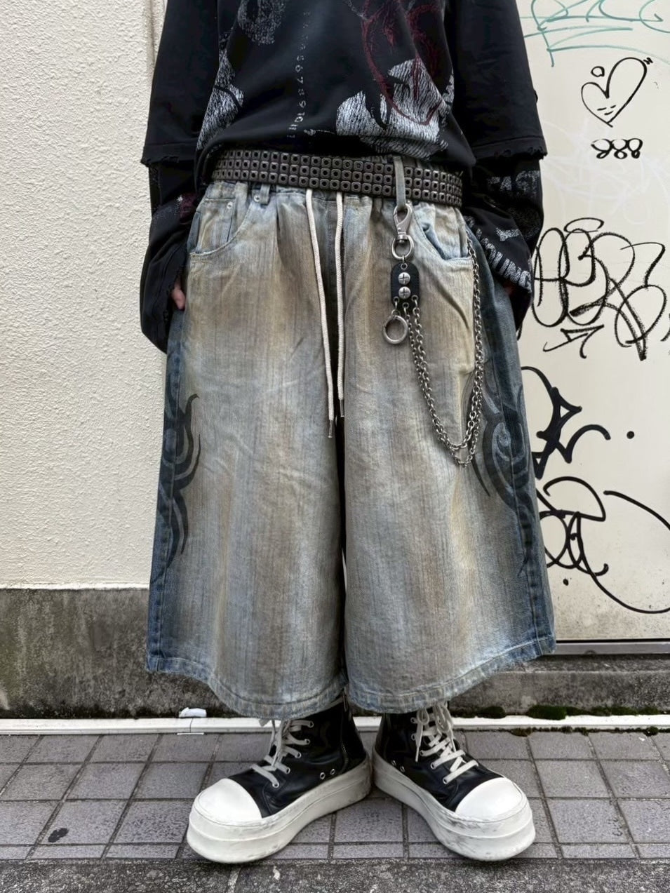 受注制【Never mind the XU】tribal denim half pants / 【エックスユードッグ】トライバルデニムハーフパンツ