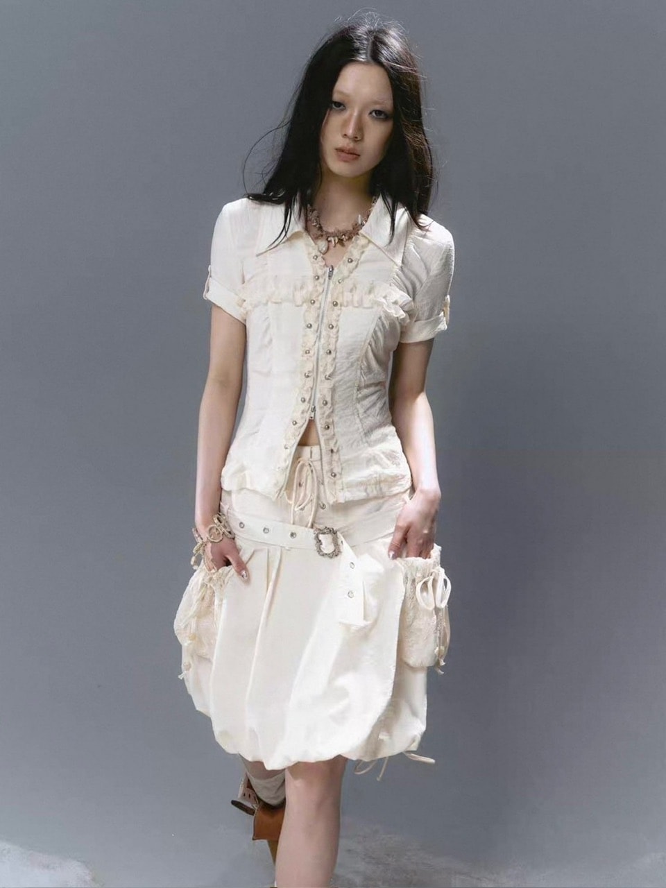 【Cest Nous】Lace Trim Rivet Blouse / 【セヌー】レースフリルリベットブラウス