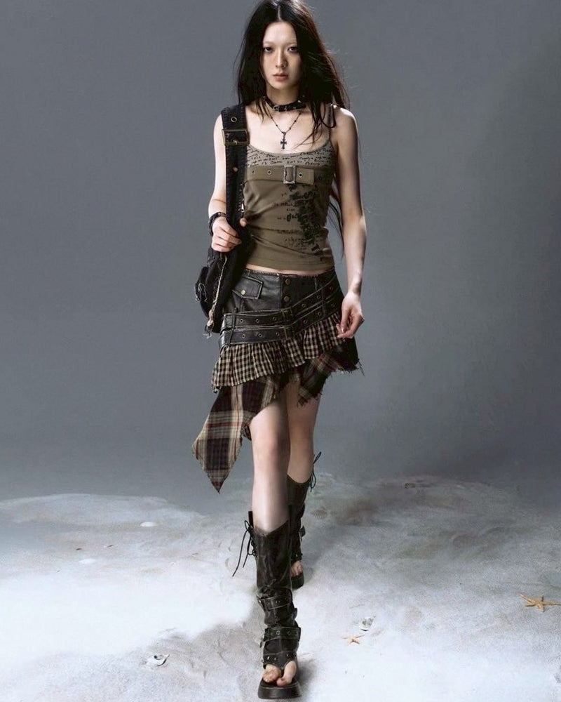 【Cest Nous】Plaid Leather Skirt / 【セヌー】ダブルベルトチェックフリルミニスカート