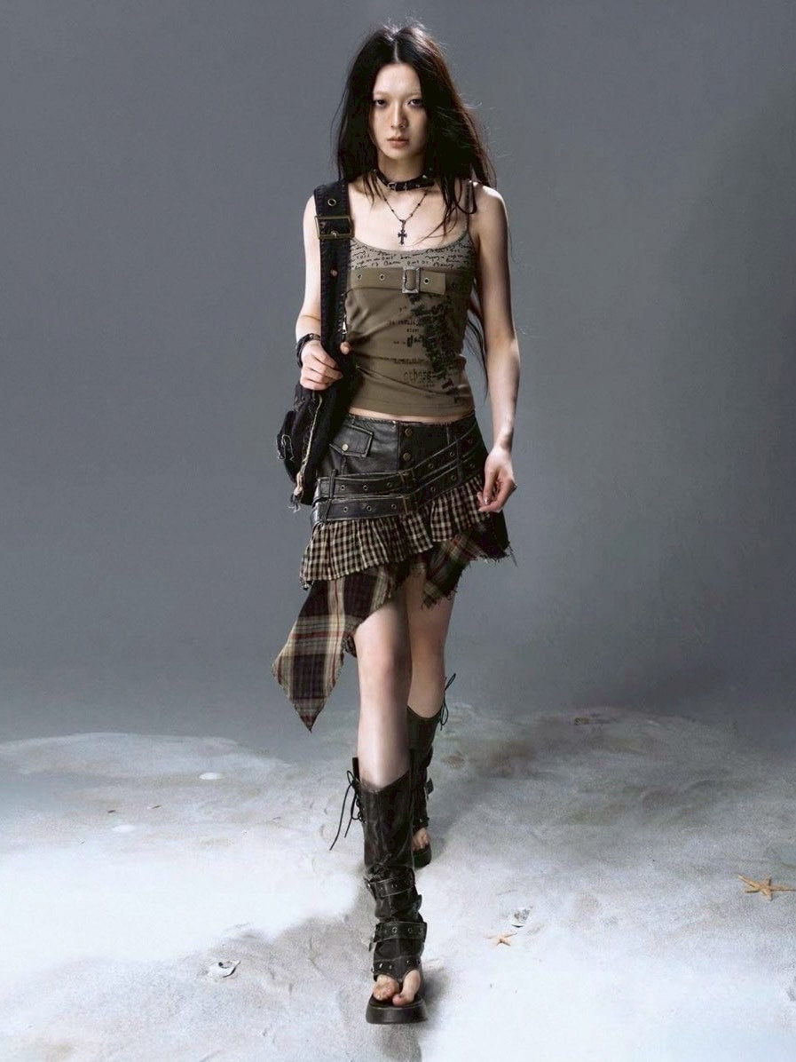 【Cest Nous】Plaid Leather Skirt / 【セヌー】ダブルベルトチェックフリルミニスカート