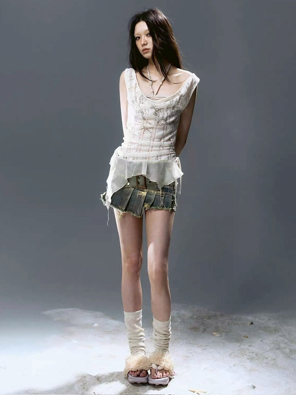 【Cest Nous】Gold-Foil Printed Skort / 【セヌー】ベルトプリーツデニムミニスカートパンツ