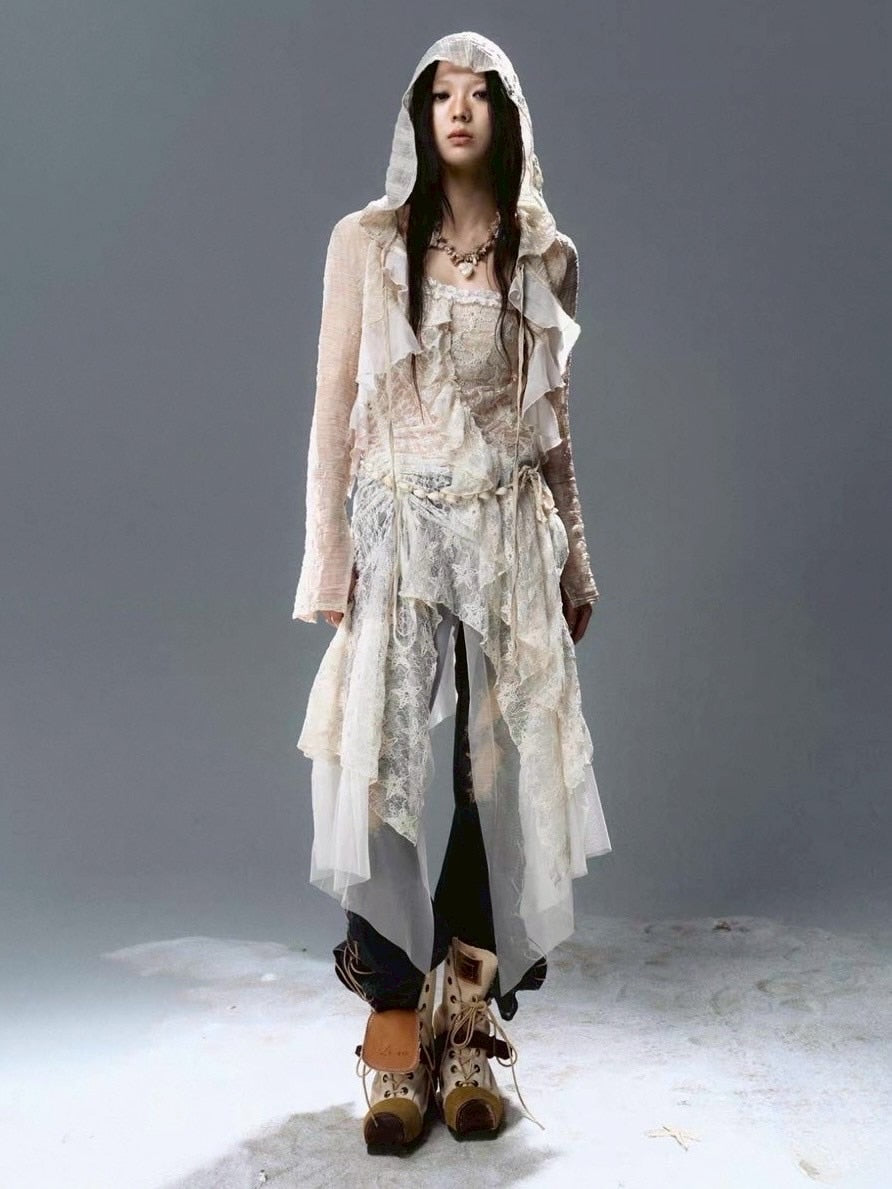 【Cest Nous】Plaid Chiffon Cardigan / 【セヌー】シフォンフリルシースルーカーディガン