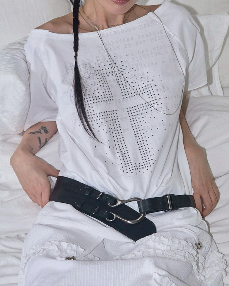 【FANCY CLUB】DIVINE CROSS ONE-SHOULDER TEE / 【ファンシークラブ】クロスワンショルダー半袖Tシャツ