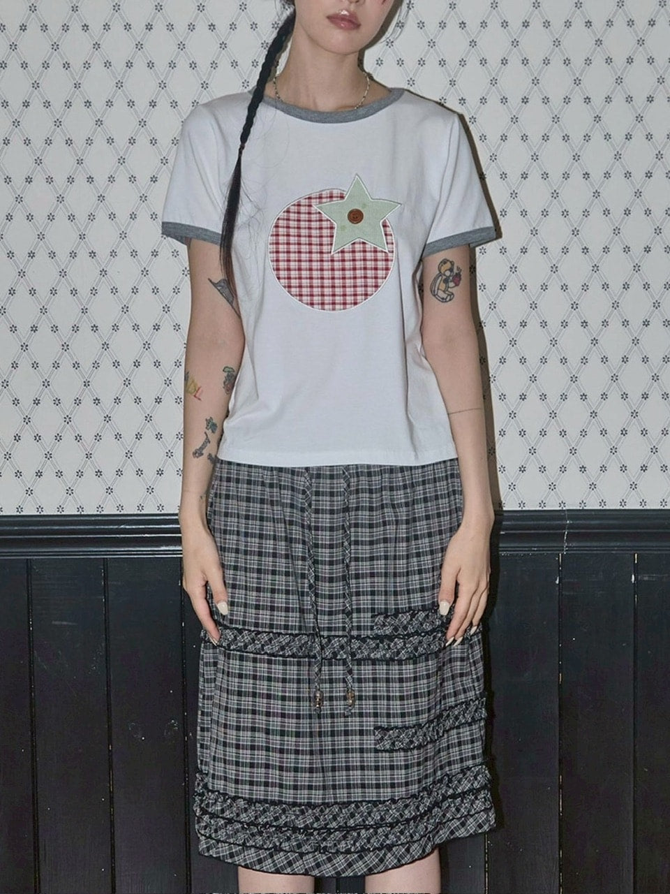 【FANCY CLUB】SHUSHU FRILL CHECK MIDI SKIRT / 【ファンシークラブ】シュシュフリルチェックミディスカート