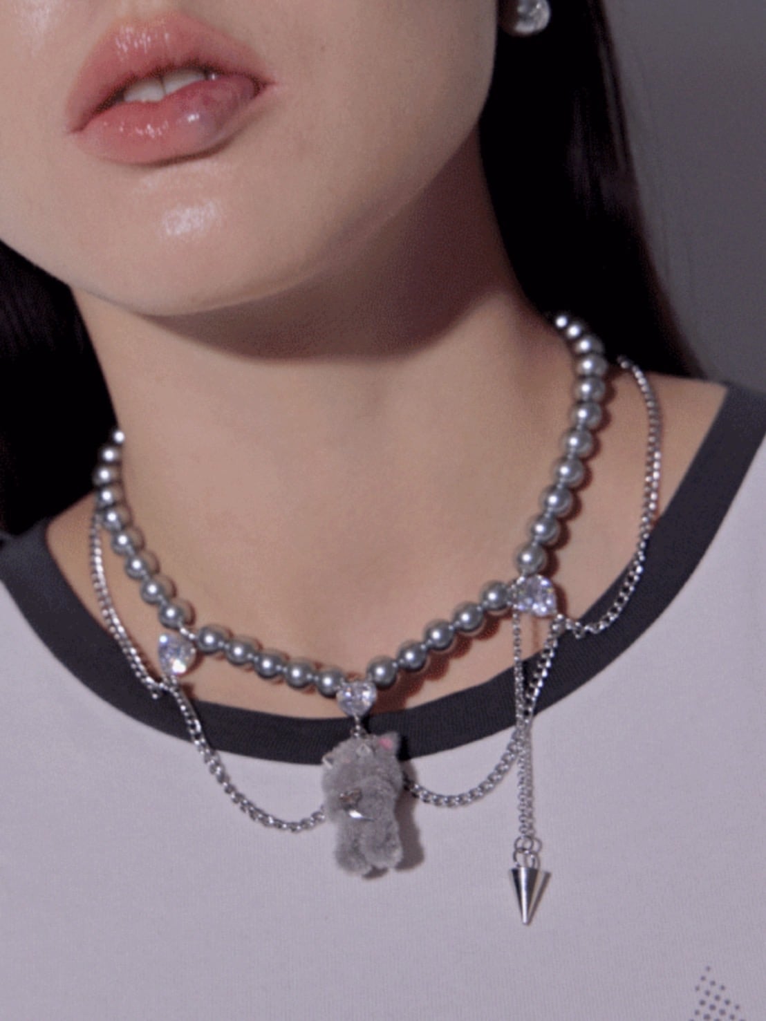 【PEG LEG】mascot silver chain pearl layered necklace
