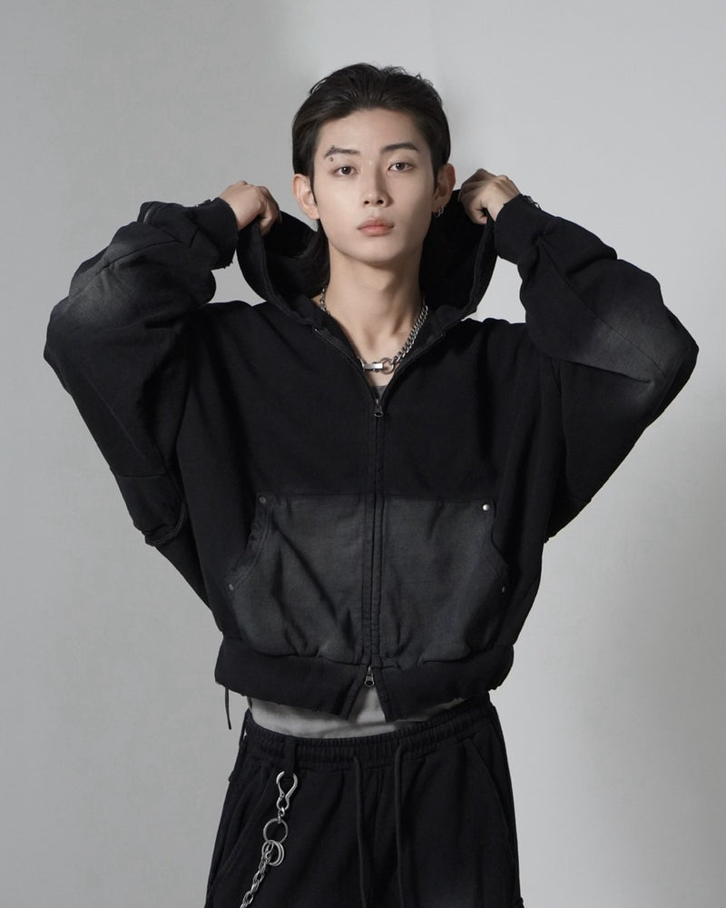 【CHIKASHITSU PLUS HIGH】cropped dirty wash double zip hoodie (wash black) / 【チカシツプラスハイ】クロップドダーティーウォッシュダブルジップパーカー