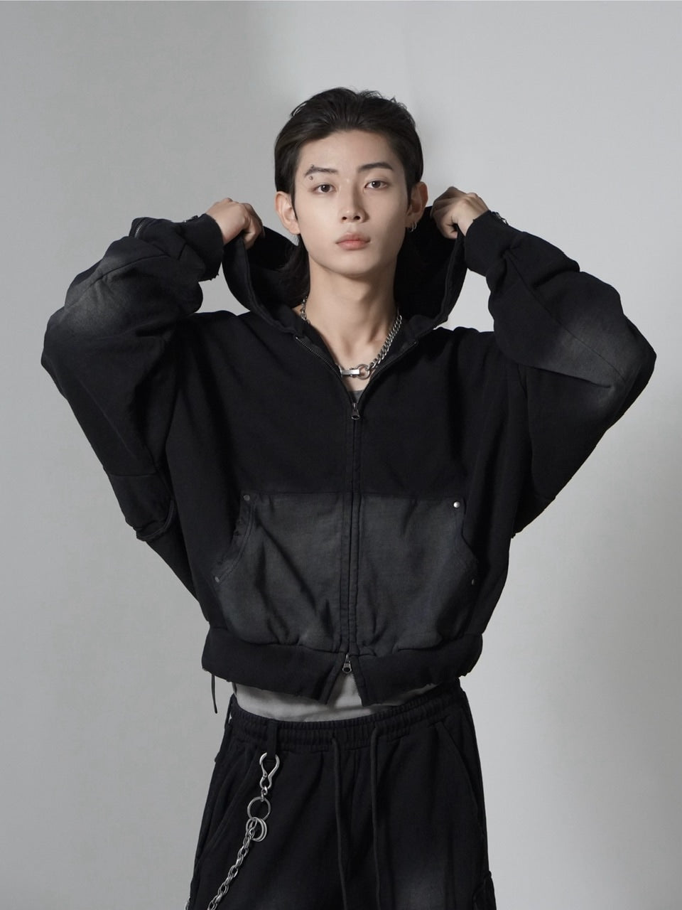 【CHIKASHITSU PLUS HIGH】cropped dirty wash double zip hoodie (wash black) / 【チカシツプラスハイ】クロップドダーティーウォッシュダブルジップパーカー