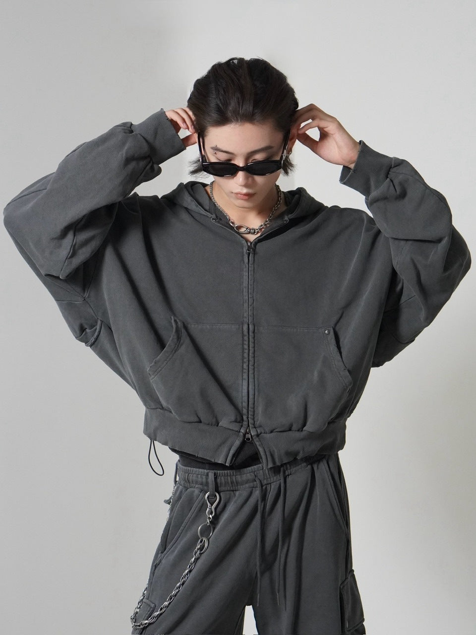 【CHIKASHITSU PLUS HIGH】cropped dirty wash double zip hoodie (charcoal) / 【チカシツプラスハイ】クロップドダーティーウォッシュダブルジップパーカー