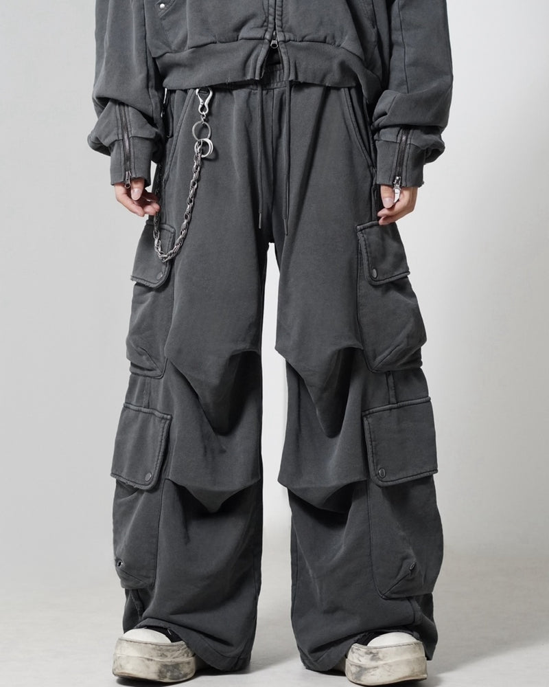 【CHIKASHITSU PLUS HIGH】4 pocket dirty wash sweat cargo pants (charcoal) / 【チカシツプラスハイ】マルチポケットダーティーウォッシュスウェットカーゴパンツ