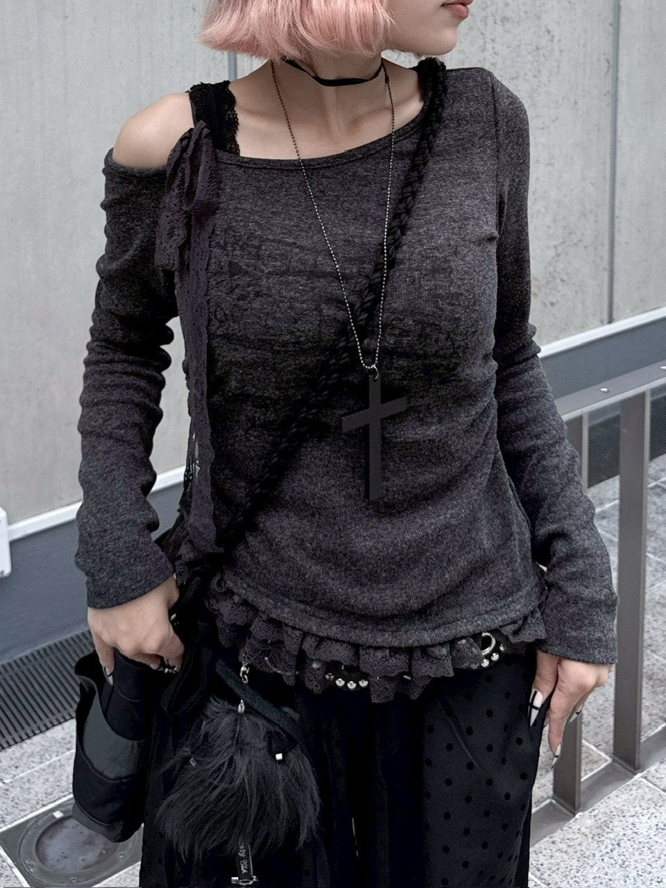 【nmtc +】ribbon shoulder long sleeve / 【エヌエムティーシープラス】リボンショルダー長袖Tシャツ (3color)