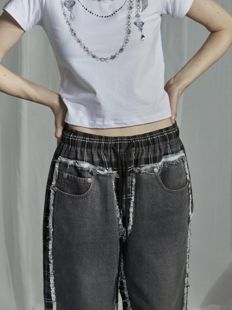 【GATELESS】DAMAGE DENIM PATICHWORK CHECK PANTS / 【ゲートレス】ダメージデニムパッチワークチェックパンツ