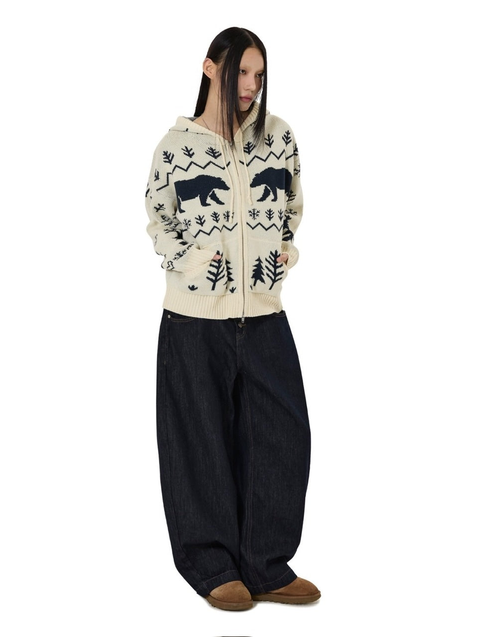 【OY】POLAR BEAR KNIT HOODIE ZIP UP