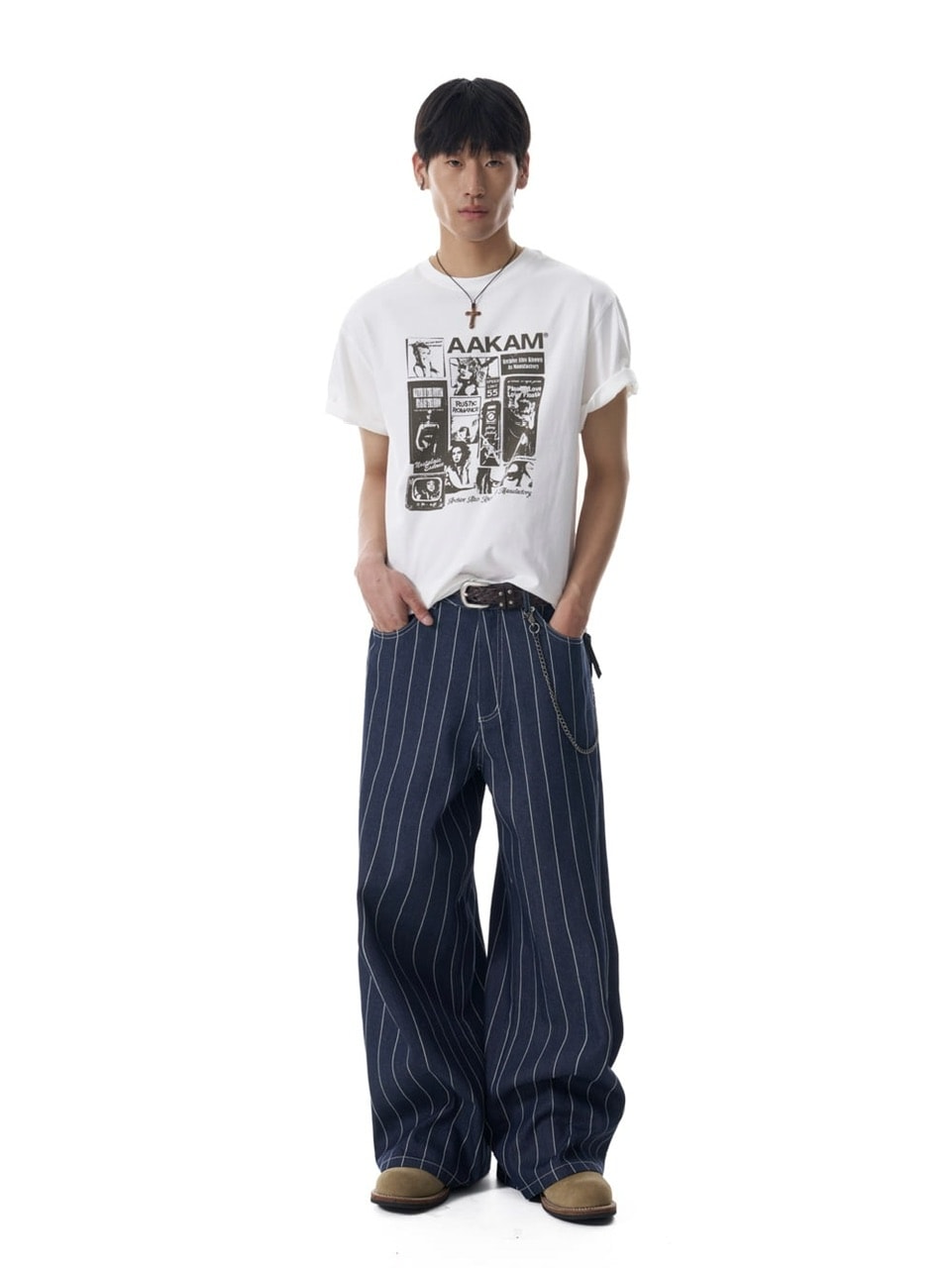 【AAKAM】Striped Cinch Back Denim Pants