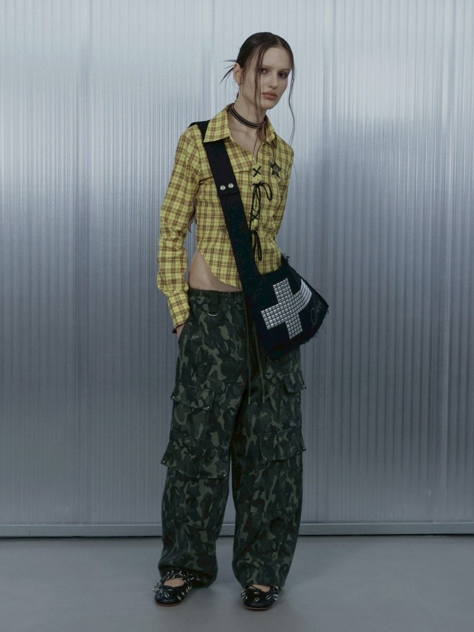 【SETUP‐EXE】CHECK RACE-UP SHIRT / 【セットアップエグゼ】チェックレースアップ長袖シャツ