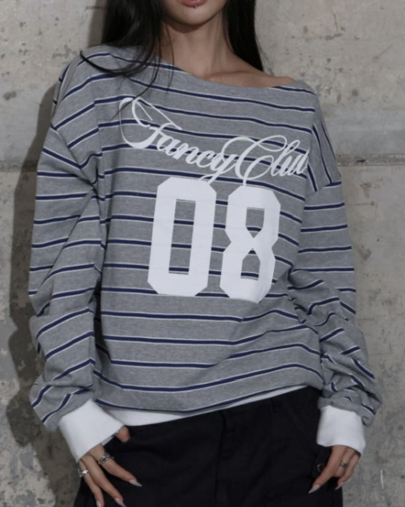 【FANCY CLUB】STRIPE ONE-SHOULDER SWEATSHIRT / 【ファンシークラブ】ストライプワンショルダースウェット長袖Ｔシャツ