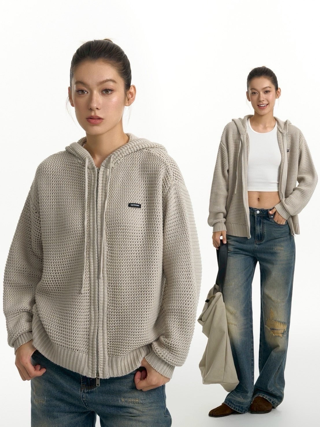 【TGNS】Hollow Knit Zipper Cardigan / 【ツーガンズ】ワンポイントメッシュジップアップパーカー