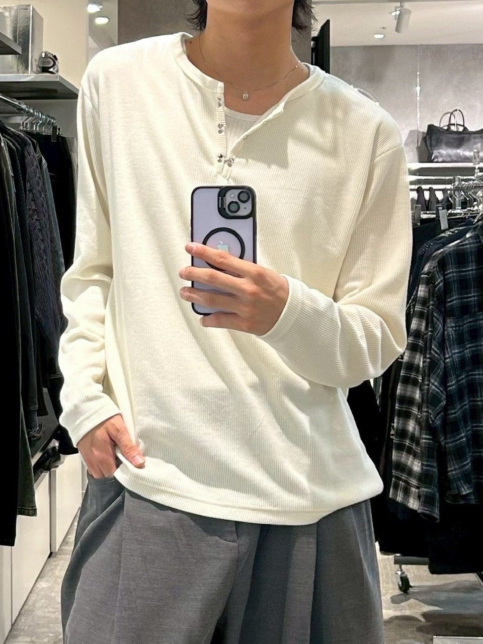 受注制【Chikashitsu +】front hook long sleeve knit / 【チカシツプラス】フロントフック長袖ニット (4color)