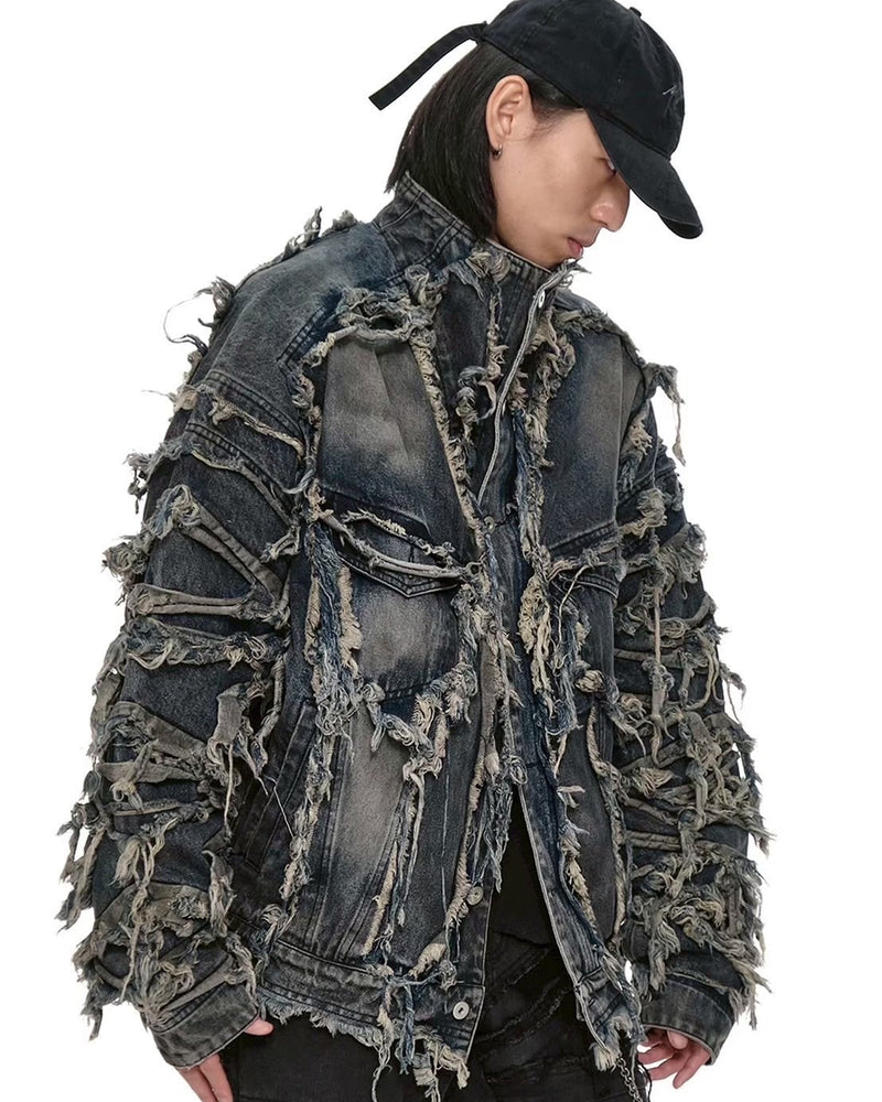 【d5ove】Erosion Fringed Denim Jacket / 【ダヴ】フリンジハイネックデニムジャケット