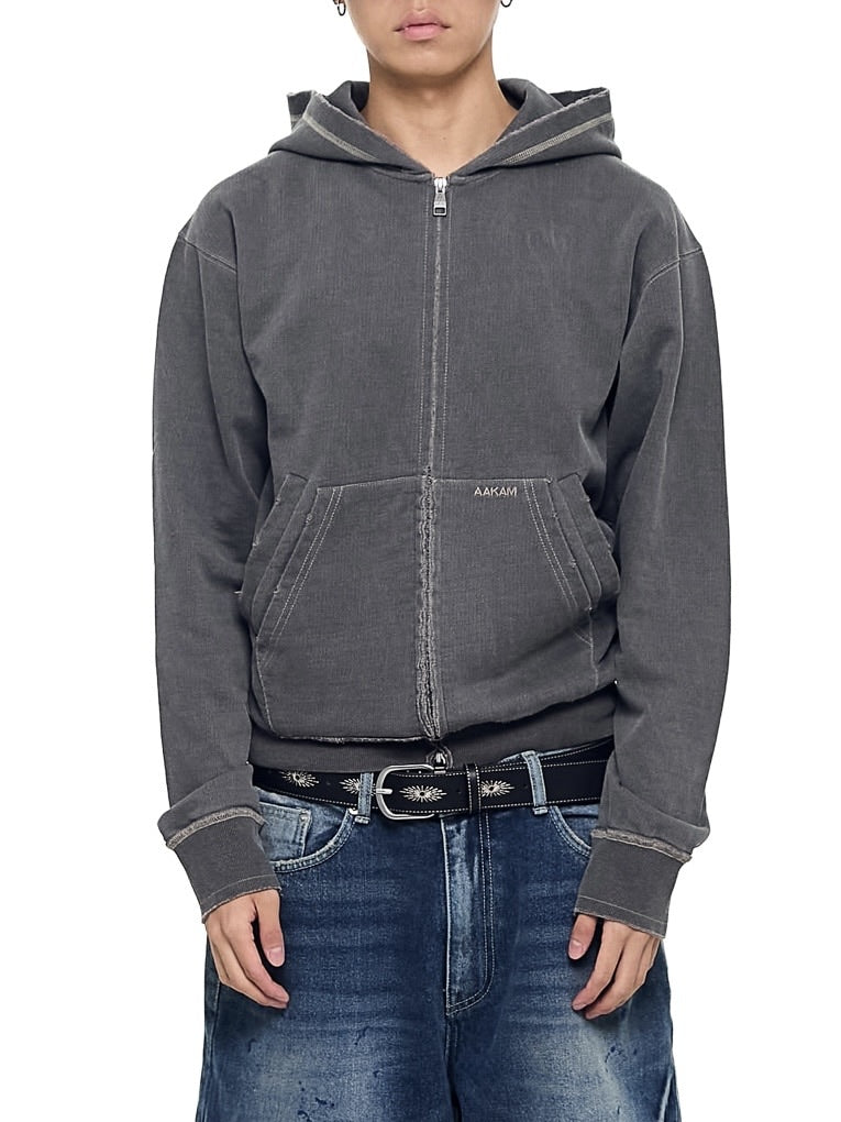 【AAKAM】Vintage Damaged Zip-Up Hoodie